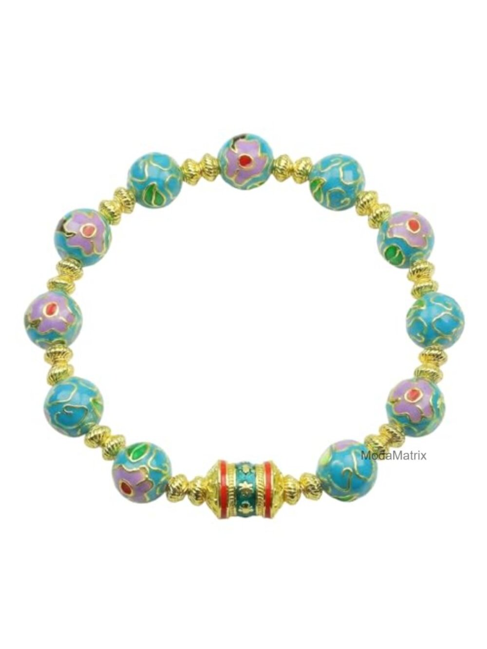 Cloisonne Enamel Beaded Bracelet with Lotus Charm Elastic Cord